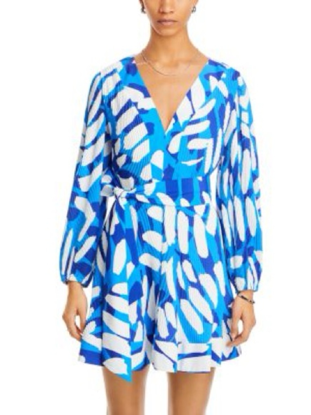 Milly Blue & White Abstract Print Long-Sleeve Wrap Dress - 0
